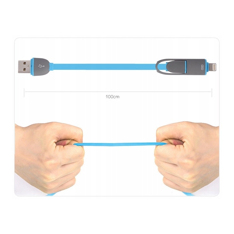 2W1 KABEL USB ŁADOWARKA MICRO USB + Lightning do Apple WZMACNIANY 100CM 1M