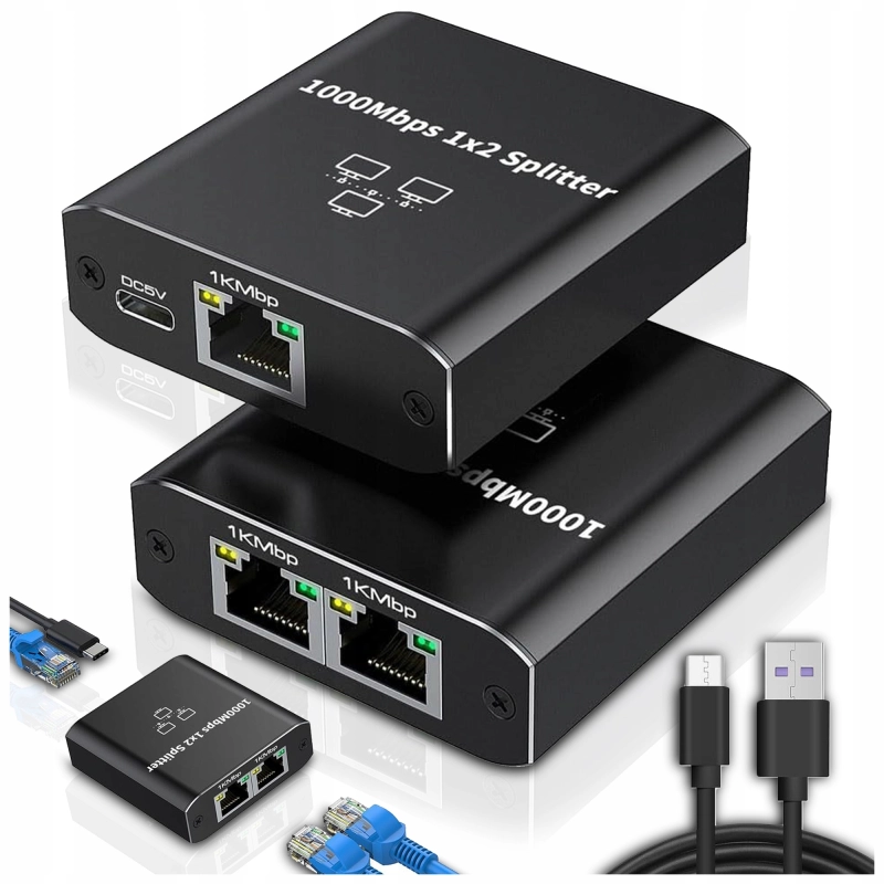 Adapter rozdzielacz mini Switch splitter LAN Ethernet RJ45 2xRJ45 1000M 1GB