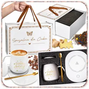 ZESTAW PREZENTOWY PODGRZEWACZ KABEL KUBEK POKRYWKA ŁYŻECZKA DO KAWY HERBATY