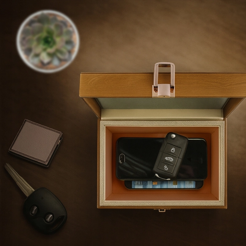PUDEŁKO NA KLUCZYK SAMOCHODOWY KLATKA FARADAYA KEYLESS BOX + ETUI BLOKADA