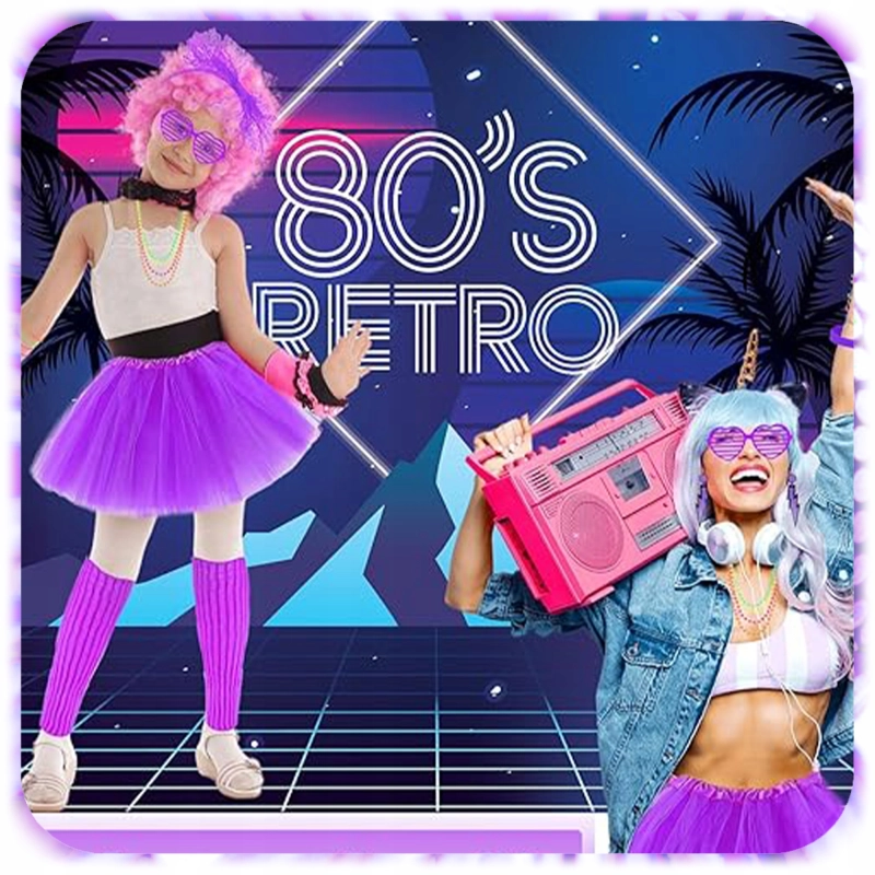 FIOLETOWY STRÓJ PRZEBRANIE DISCO LATA 80 90 RETRO ZESTAW 8w1 SPÓDNICA