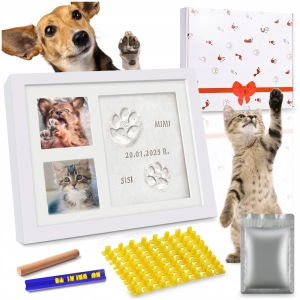 RAMKA Z GLINKĄ ODCISK ŁAPY PSA PUPILA KOTA 2 ZDJĘCIA PAMIĄTKA GLINA PREZENT