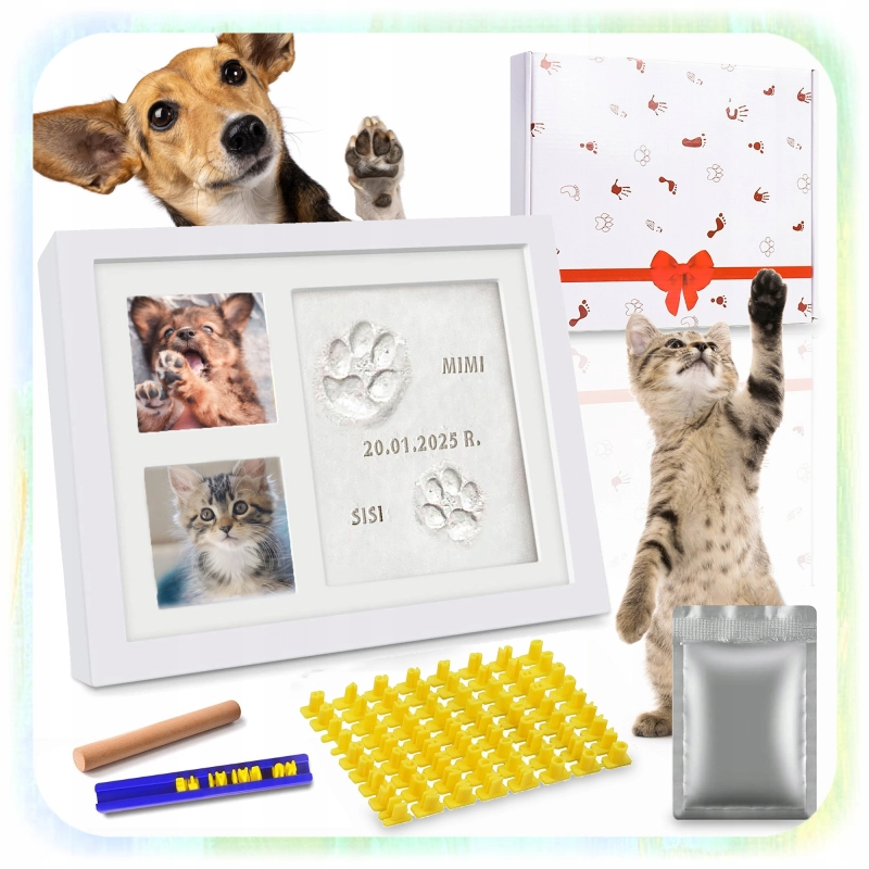 RAMKA Z GLINKĄ ODCISK ŁAPY PSA PUPILA KOTA 2 ZDJĘCIA PAMIĄTKA GLINA PREZENT