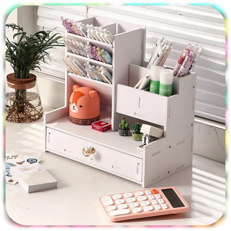 ORGANIZER PRZYBORNIK NA BIURKO DREWNIANY BIAŁY DUŻY 12 PRZEGRÓDEK NA KREDKI