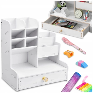 ORGANIZER PRZYBORNIK NA BIURKO DREWNIANY BIAŁY DUŻY 12 PRZEGRÓDEK NA KREDKI