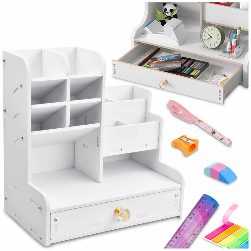 ORGANIZER PRZYBORNIK NA BIURKO DREWNIANY BIAŁY DUŻY 12 PRZEGRÓDEK NA KREDKI