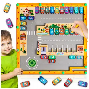 MAGNETYCZNY ALFABET LABIRYNT TABLICA MONTESSORI PARKING DREWNIANA GRA XL