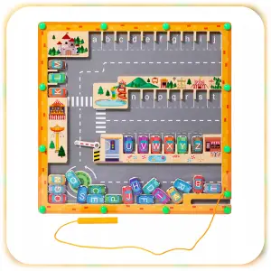 MAGNETYCZNY ALFABET LABIRYNT TABLICA MONTESSORI PARKING DREWNIANA GRA XL