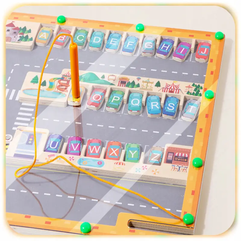 MAGNETYCZNY ALFABET LABIRYNT TABLICA MONTESSORI PARKING DREWNIANA GRA XL