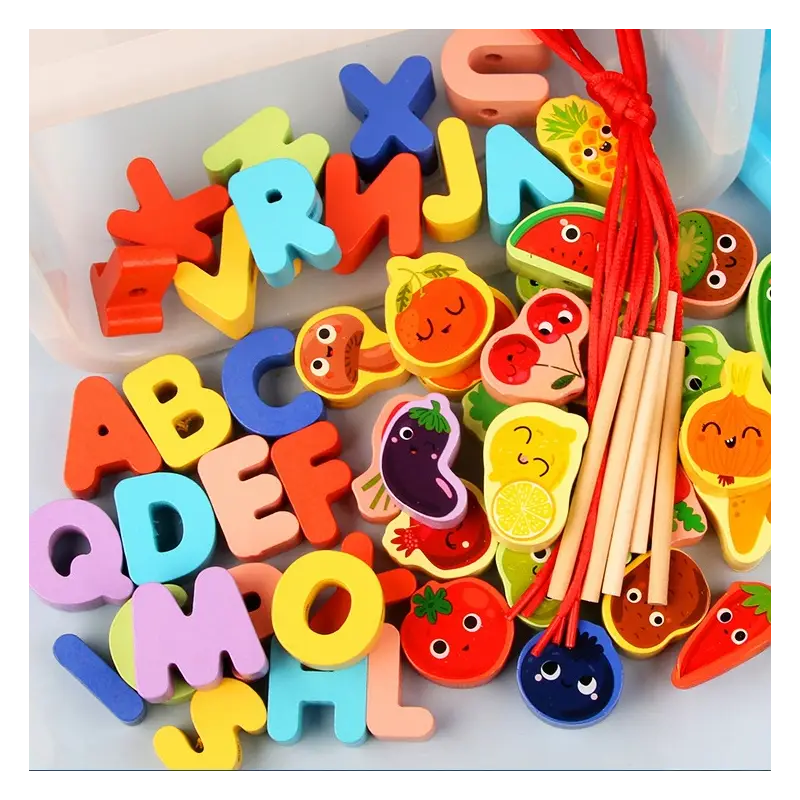 DREWNIANE KLOCKI KORALIKI DO NAWLEKANIA EDUKACYJNE DLA DZIECI MONTESSORI