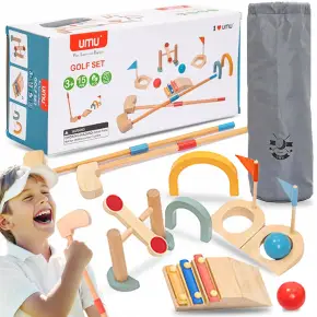 DREWNIANY MINI GOLF GRA DLA DZIECI ZESTAW 11 EL BRAMKA KIJ PIŁECZKI CENTRUM