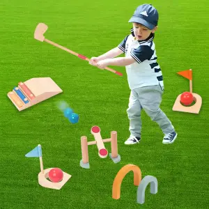 DREWNIANY MINI GOLF GRA DLA DZIECI ZESTAW 11 EL BRAMKA KIJ PIŁECZKI CENTRUM