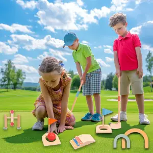 DREWNIANY MINI GOLF GRA DLA DZIECI ZESTAW 11 EL BRAMKA KIJ PIŁECZKI CENTRUM