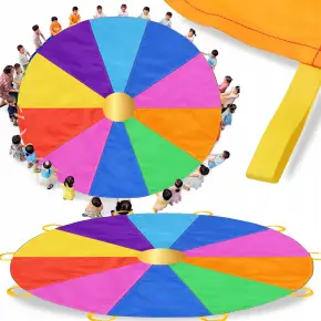 CHUSTA ANIMACYJNA TĘCZOWY SPADOCHRON Z UCHWYTAMI ZABAWKA DLA DZIECI 3,7M