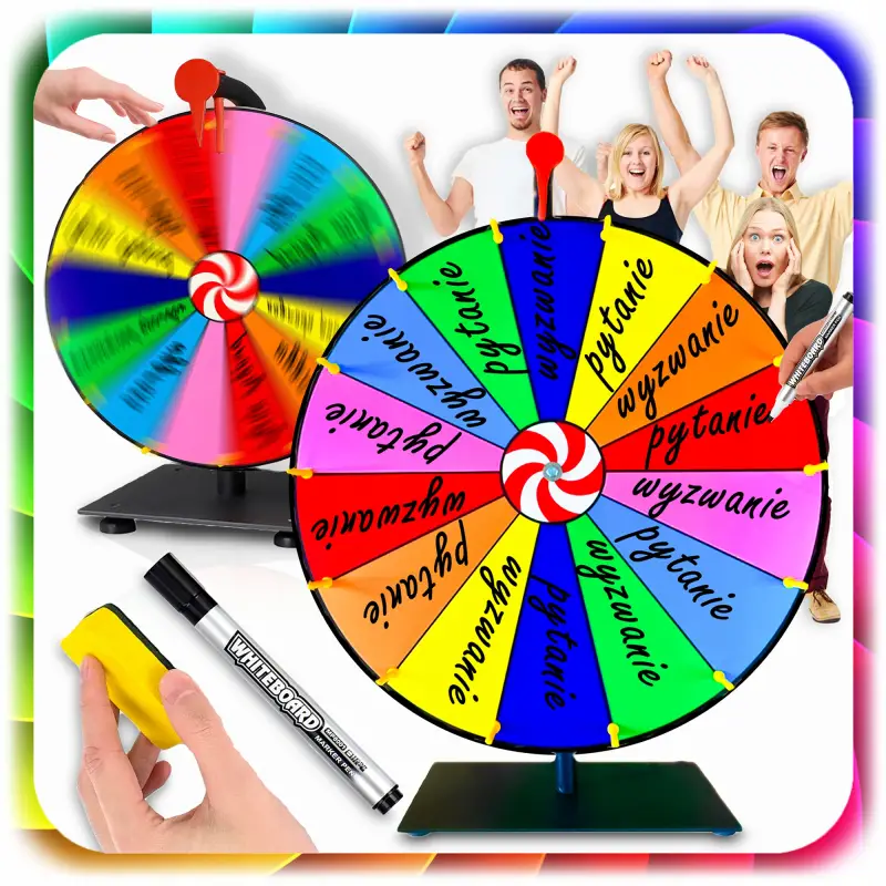 KOŁO FORTUNY SUCHOŚCIERALNE GRA DLA DZIECI LOTERIA IMPREZY 50CM + AKCESORIA