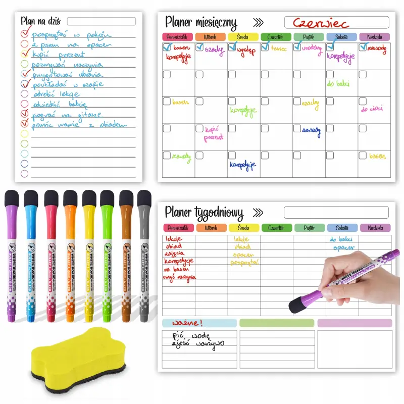 3x MAGNETYCZNY PLANER NA LODÓWKĘ KALENDARZ DZIENNY TYGODNIOWY + 8 MARKERÓW