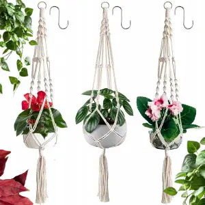 KWIETNIK WISZĄCY NA ŚCIANĘ UCHWYT NA KWIATY MAKRAMA Z BIAŁEGO SZNURKA 3SZT