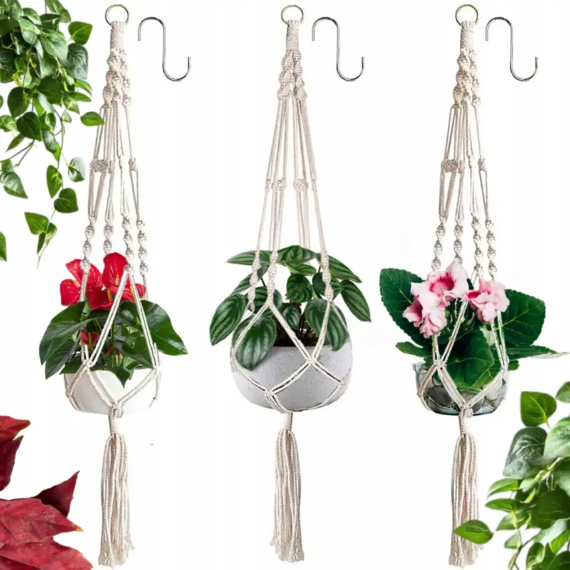 KWIETNIK WISZĄCY NA ŚCIANĘ UCHWYT NA KWIATY MAKRAMA Z BIAŁEGO SZNURKA 3SZT