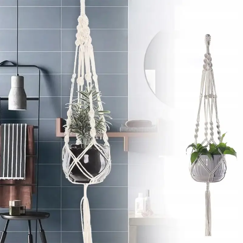 KWIETNIK WISZĄCY NA ŚCIANĘ UCHWYT NA KWIATY MAKRAMA Z BIAŁEGO SZNURKA 3SZT