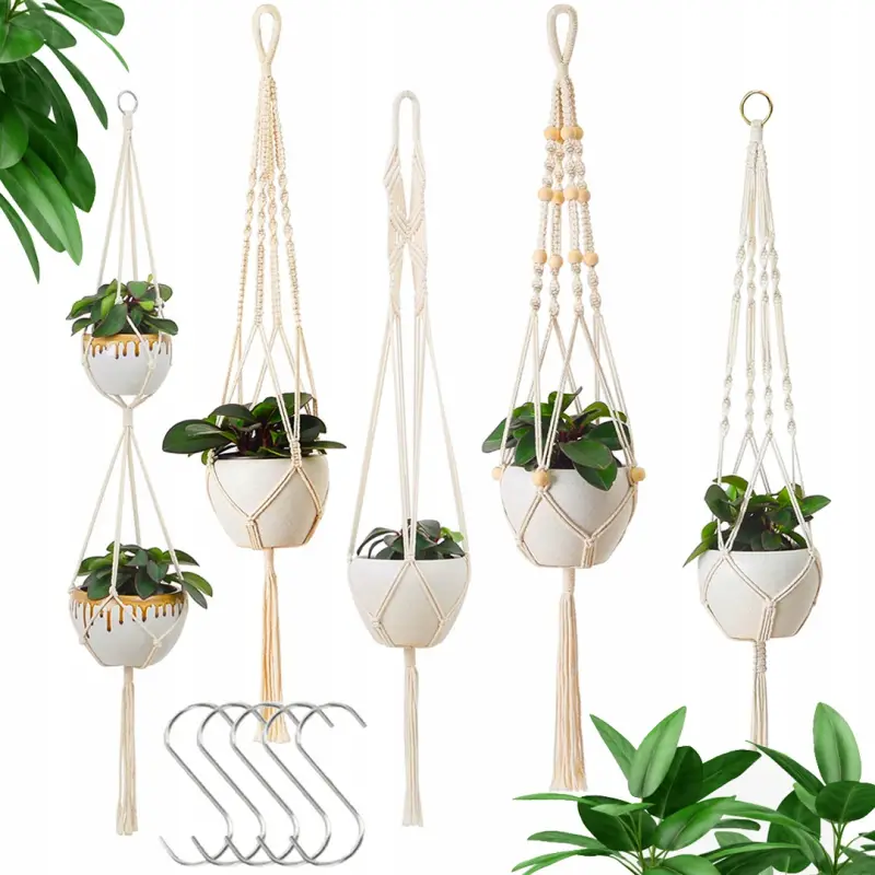 KWIETNIK WISZĄCY NA ŚCIANĘ UCHWYT NA KWIATY DONICZKĘ MAKRAMA Z SZNURKA 5SZT