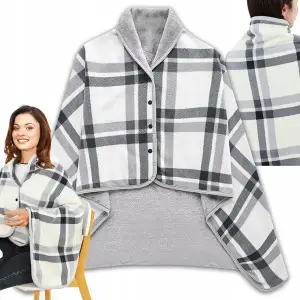 BLUZA KOCOBLUZA PONCZO KOC CIEPŁY MIĘKKI ZAPINANY CIEPŁA BIAŁO-SZARY