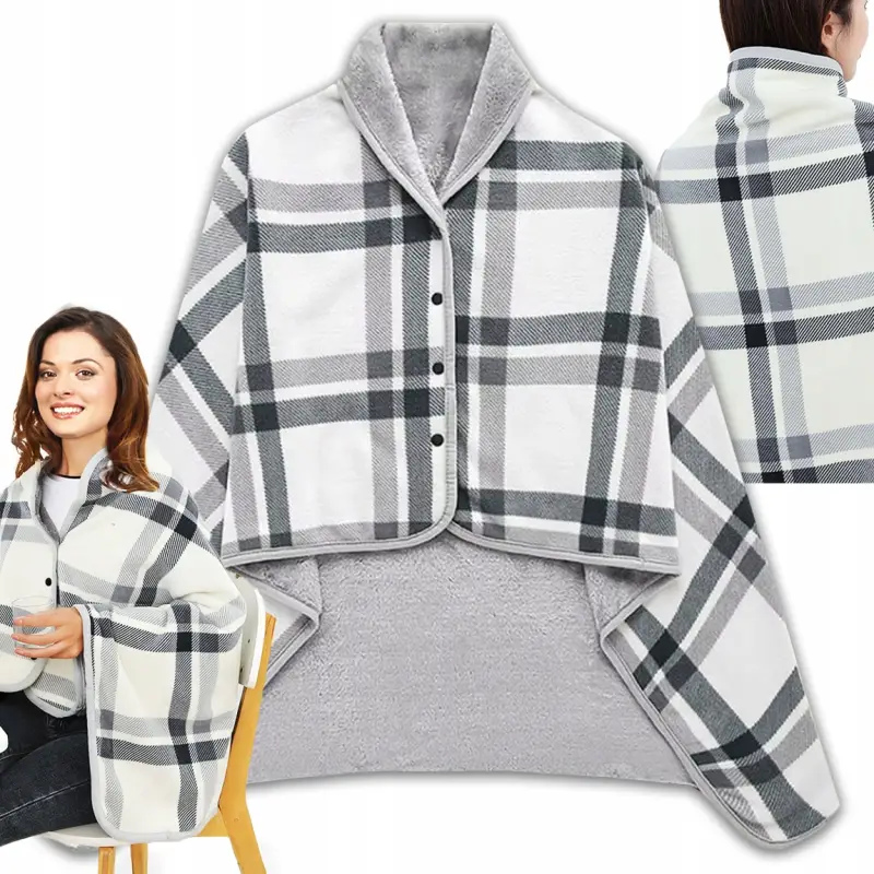 BLUZA KOCOBLUZA PONCZO KOC CIEPŁY MIĘKKI ZAPINANY CIEPŁA BIAŁO-SZARY