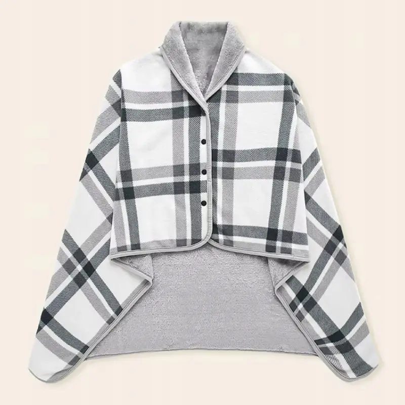 BLUZA KOCOBLUZA PONCZO KOC CIEPŁY MIĘKKI ZAPINANY CIEPŁA BIAŁO-SZARY
