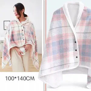 BLUZA KOCOBLUZA PONCZO KOC CIEPŁY MIĘKKI ZAPINANY CIEPŁA RÓŻOWO-SZARA KRATA