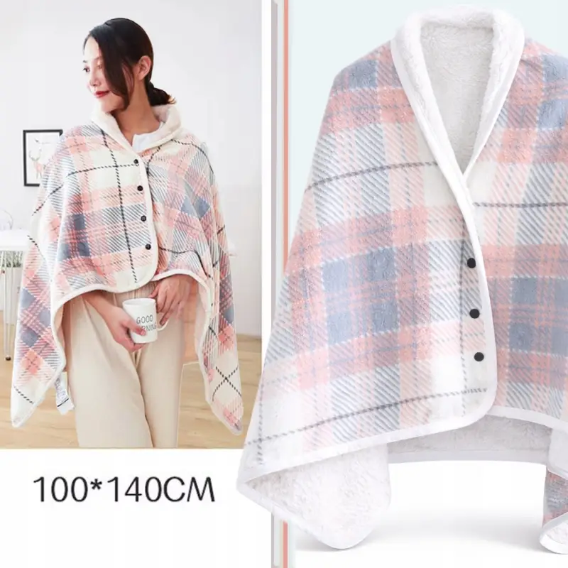 BLUZA KOCOBLUZA PONCZO KOC CIEPŁY MIĘKKI ZAPINANY CIEPŁA RÓŻOWO-SZARA KRATA