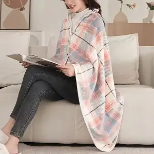BLUZA KOCOBLUZA PONCZO KOC CIEPŁY MIĘKKI ZAPINANY CIEPŁA RÓŻOWO-SZARA KRATA