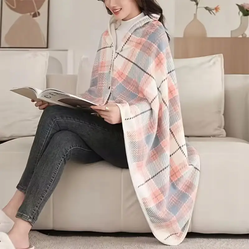 BLUZA KOCOBLUZA PONCZO KOC CIEPŁY MIĘKKI ZAPINANY CIEPŁA RÓŻOWO-SZARA KRATA