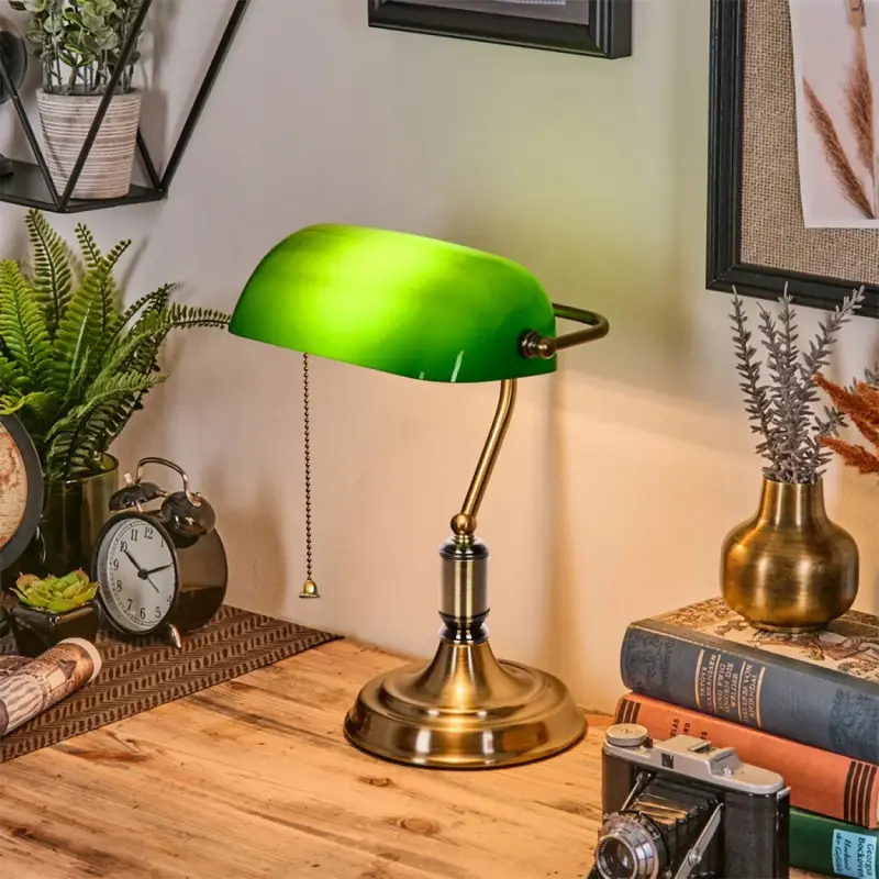 LAMPKA BIURKOWA VINTAGE BANKIERSKA NOCNA ZIELONY SZKLANY ABAŻUR RETRO E27