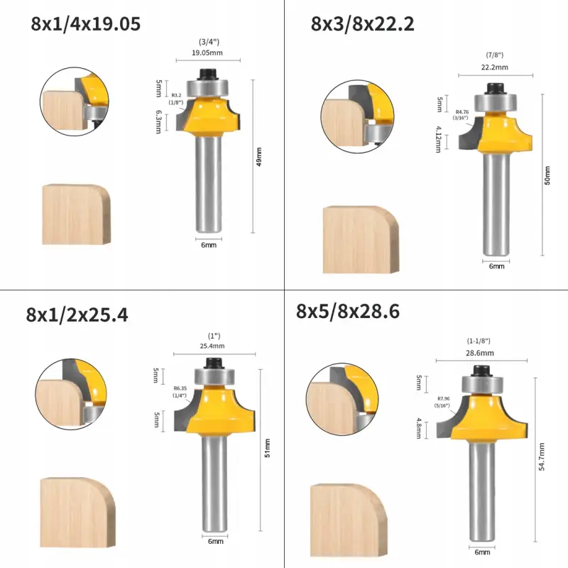 FREZ ZAOKRĄGLAJĄCY Z ŁOŻYSKIEM TRZEPIEŃ 6MM DO DREWNA OBRZEŻY MDF ZESTAW 4X