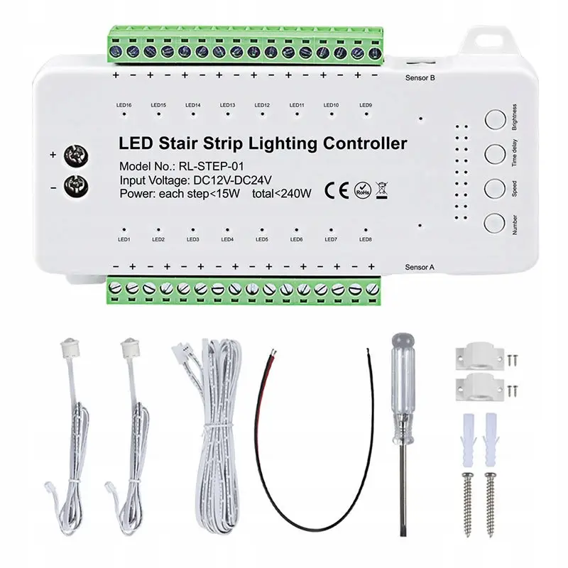 STEROWNIK SCHODOWY LED PIR KASKADOWY 16 STOPNI SCHODÓW 240W 12-24V CZUJNIK
