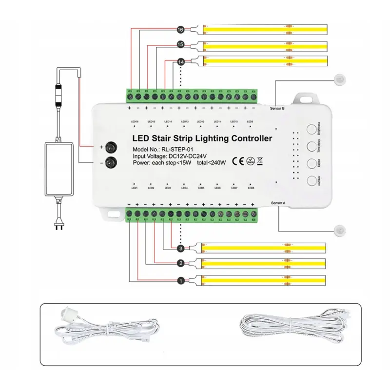 STEROWNIK SCHODOWY LED PIR KASKADOWY 16 STOPNI SCHODÓW 240W 12-24V CZUJNIK