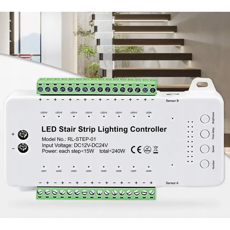 STEROWNIK SCHODOWY LED PIR KASKADOWY 16 STOPNI SCHODÓW 240W 12-24V CZUJNIK