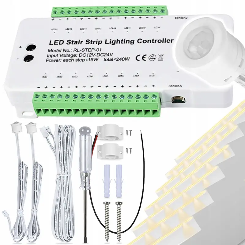 STEROWNIK SCHODOWY LED PIR KASKADOWY 16 STOPNI SCHODÓW 240W 12-24V CZUJNIK