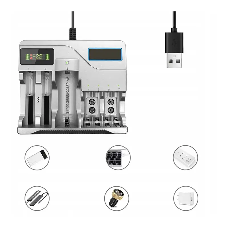 UNIWERSALNA SZYBKA ŁADOWARKA DO AKUMULATORKÓW BATERII 7 GNIAZD AAA USB