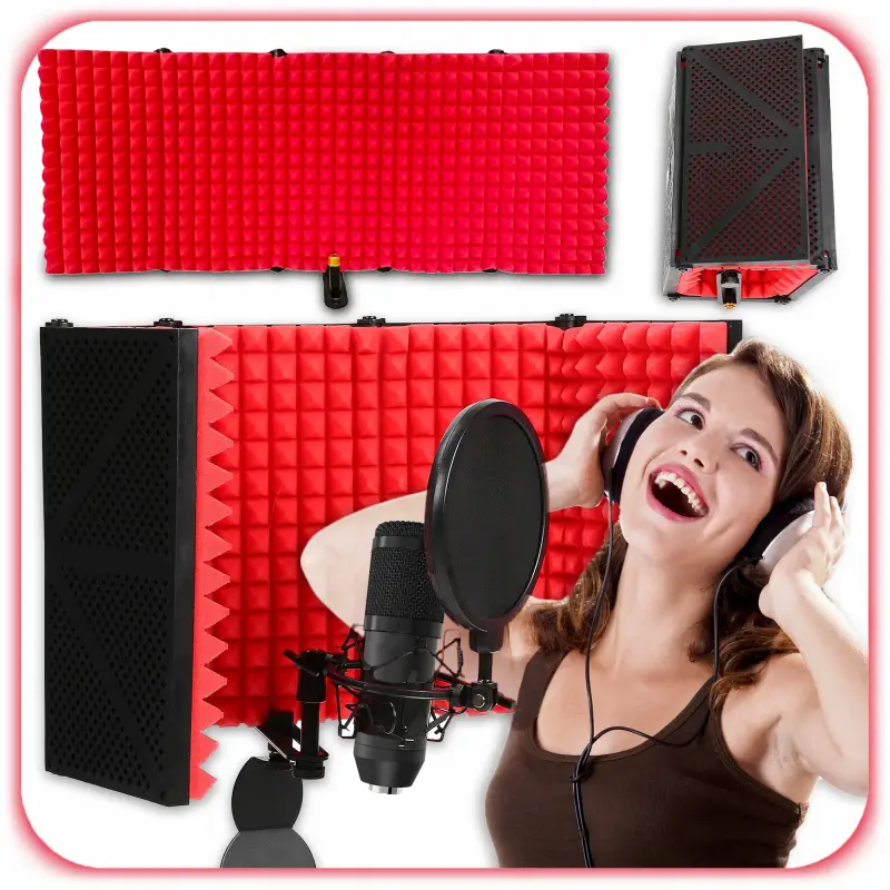 KABINA AKUSTYCZNA 5-PANELOWA CZERWONO-CZARNA ŚCIANKA DO TŁUMIENIA DŹWIĘKÓW