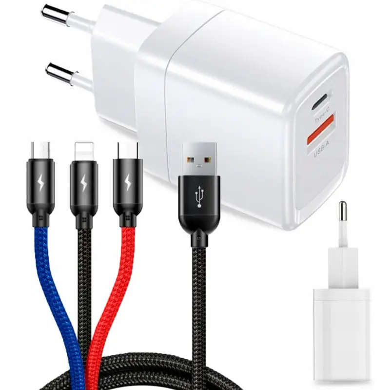 ŁADOWARKA + KABEL 3W1 USB-C IPHONE 1,2M BIAŁA KOSTKA SZYBKA SIECIOWA ZESTAW