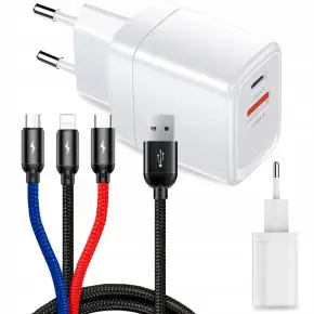 ŁADOWARKA + KABEL 3W1 USB-C IPHONE 1,2M BIAŁA KOSTKA SZYBKA SIECIOWA ZESTAW