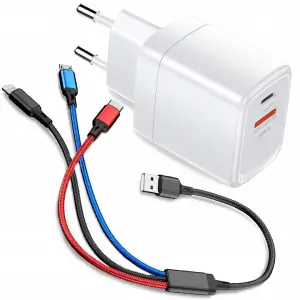 ŁADOWARKA + KABEL 3W1 USB-C IPHONE 1,2M BIAŁA KOSTKA SZYBKA SIECIOWA ZESTAW