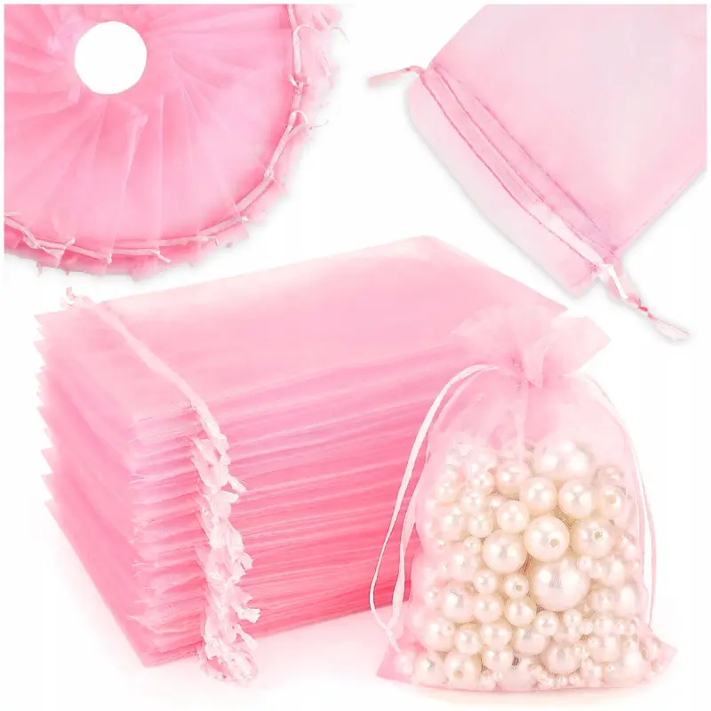 WORECZKI Z ORGANZY NA ŚLUB PREZENT BIŻUTERIĘ MAŁE TOREBKI RÓŻOWE 100 SZT