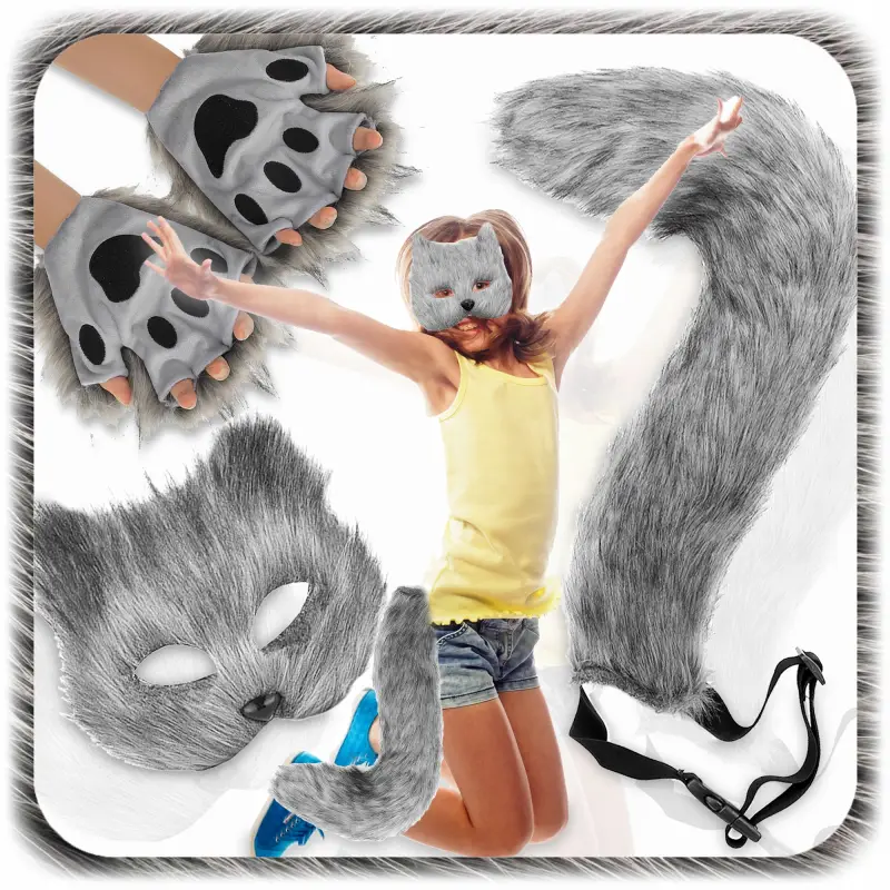 PRZEBRANIE KOSTIUM WILK SZARY STRÓJ KOTA SZTUCZNE FUTRO MASKA OGON KARNAWAŁ