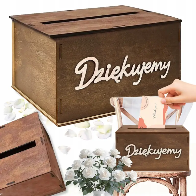 DREWNIANA SKRZYNKA NA KARTKI OKOLICZNOŚCIOWE KOPERTY PIENIĄDZE ŚLUB PUDEŁKO