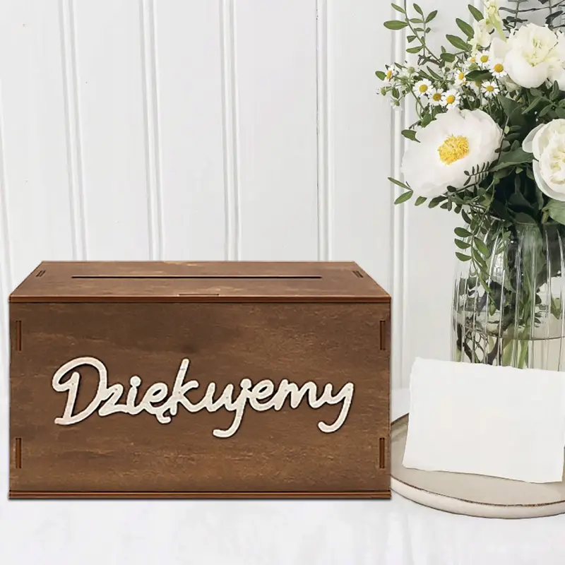 DREWNIANA SKRZYNKA NA KARTKI OKOLICZNOŚCIOWE KOPERTY PIENIĄDZE ŚLUB PUDEŁKO
