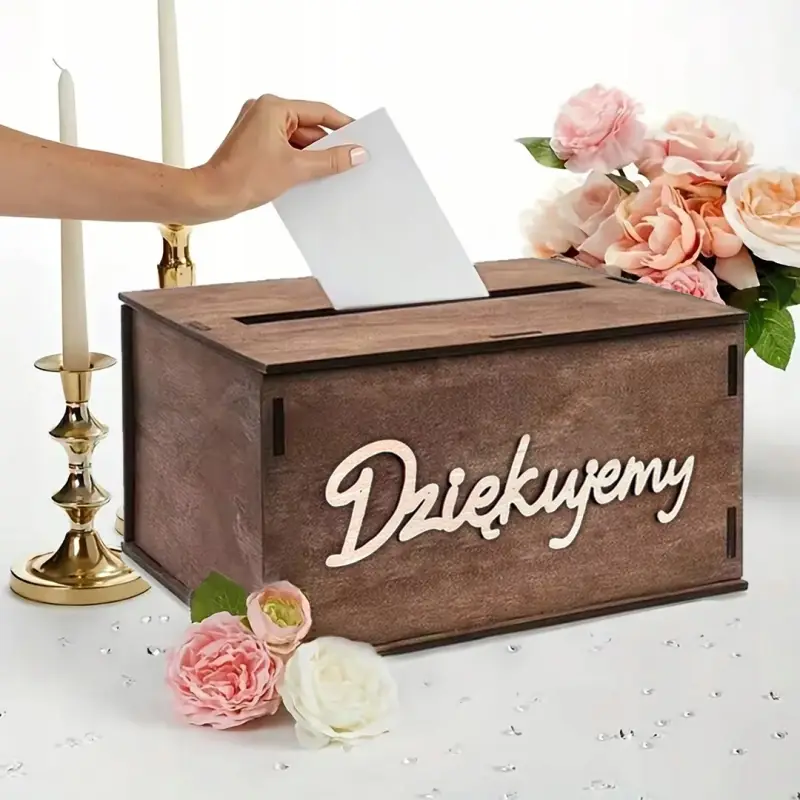 DREWNIANA SKRZYNKA NA KARTKI OKOLICZNOŚCIOWE KOPERTY PIENIĄDZE ŚLUB PUDEŁKO