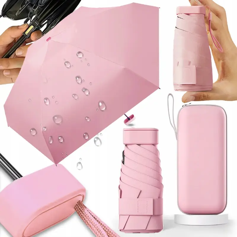 MINI SKŁADANY PARASOL MANUALNY KIESZONKOWY KOMPAKTOWY ETUI RÓŻOWY