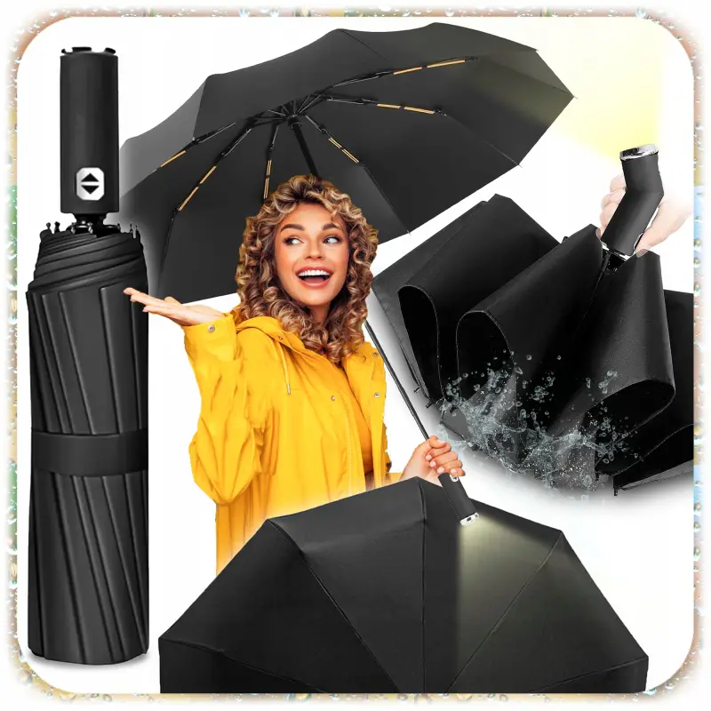 PARASOLKA SKŁADANA DUŻY ELEGANCKI MOCNY + PODŚWIETLENIE LED CZARNY