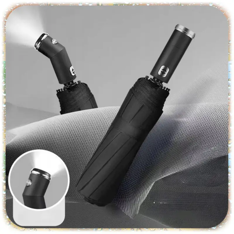 PARASOLKA SKŁADANA DUŻY ELEGANCKI MOCNY + PODŚWIETLENIE LED CZARNY